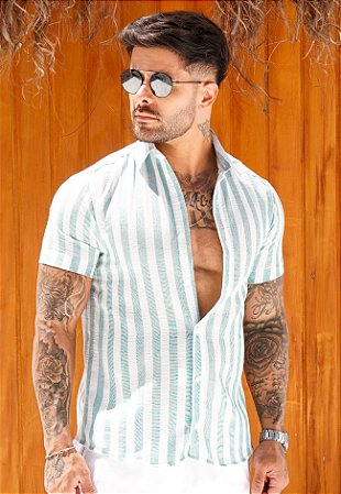 Camisa Linho Listrada Verde Menta