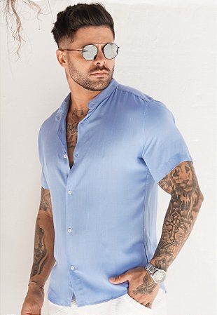 Camisa Viscolinho Gola Padre Azul Bebê