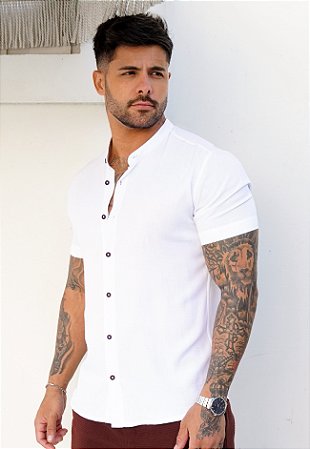 Camisa Viscolinho Gola Padre Branca