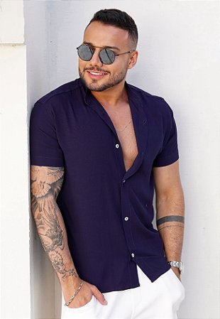 Camisa Viscolinho Gola Padre Azul Marinho
