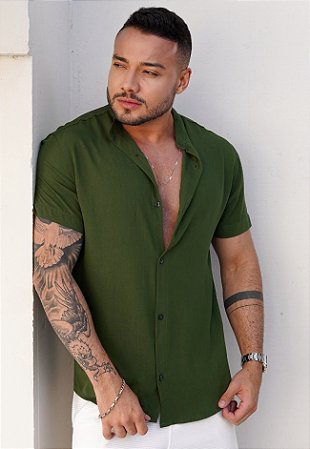 Camisa Viscolinho Gola Padre Verde Militar