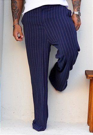 Calça Linho Risca De Giz Azul Marinho
