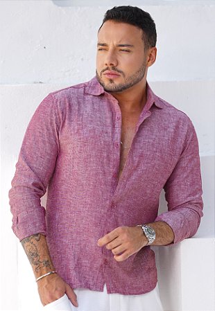 Camisa Linho Manga Longa Vermelho Bordô