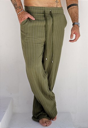 Calça Linho Risca De Giz Verde Musgo