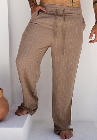 Calça Linho Risca De Giz Marrom Cappuccino