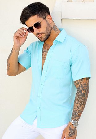 Camisa Social Manga Curta Azul Turquesa