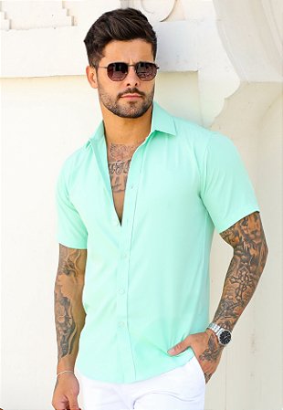 Camisa Social Manga Curta Verde Água