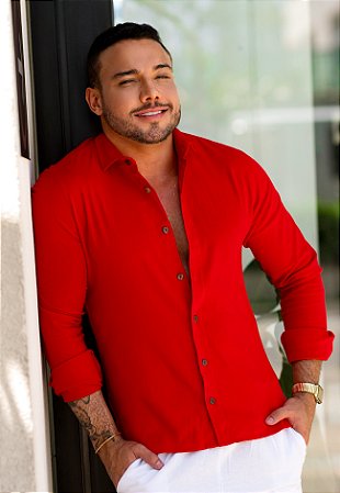 Camisa Manga Longa Linho Vermelha