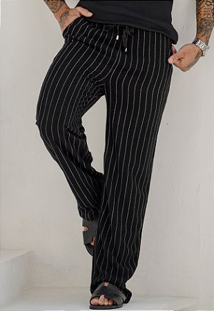 Calça Linho Risca De Giz Preta