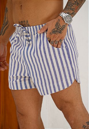 Shorts Linho Listrado Azul Jeans