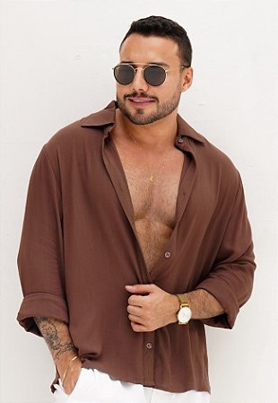 Camisa Oversized Viscolinho Marrom Café