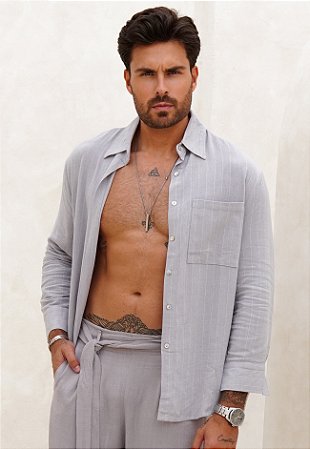 Camisa Linho Manga Longa Cinza Mescla