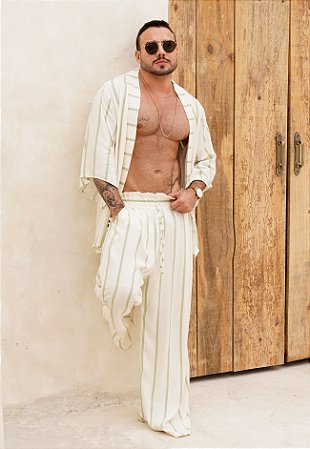 Conjunto Kimono + Calça Listrada Verde Menta