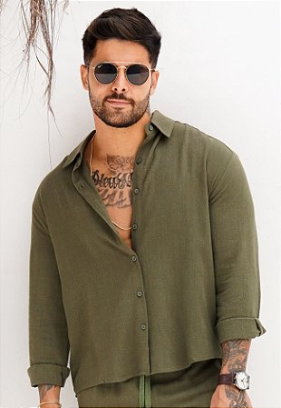 Camisa Linho Manga Longa Verde Militar