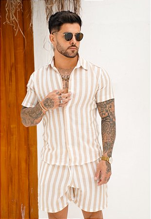 Conjunto Linho Listrado Bege