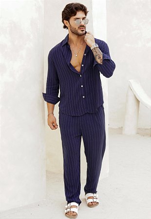 Conjunto Linho Listrado Azul Marinho