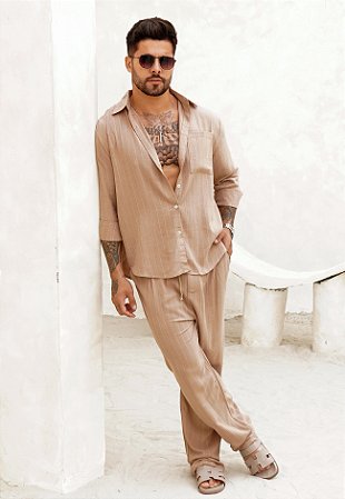 Conjunto Linho Listrado Nude