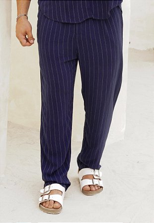 Calça Linho Listrada Azul Marinho