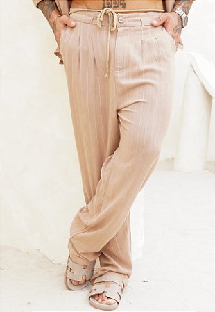Calça Linho Listrada Nude