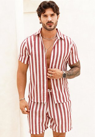 Conjunto Linho Listrado Vermelho