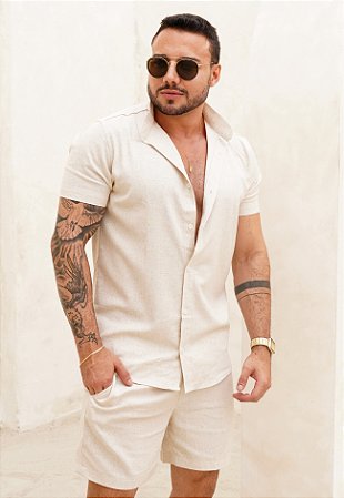 Conjunto Linho Gola Padre Areia