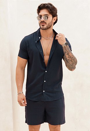 Conjunto Linho Gola Padre Azul Marinho