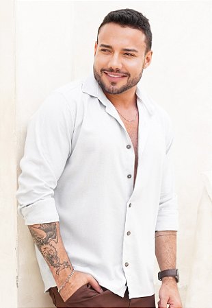 Camisa Linho Manga Longa Azul Bebê