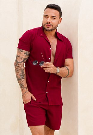 Conjunto Linho Gola Padre Vermelho Marsala