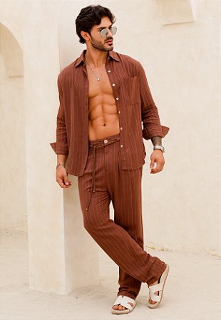 Conjunto Linho Listrado Marrom Chocolate