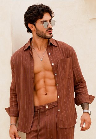 Camisa Linho Listrada Marrom Chocolate