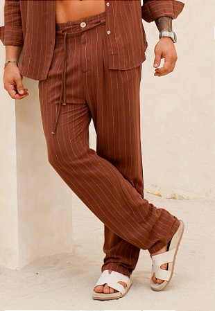 Calça Linho Listrada Marrom Chocolate