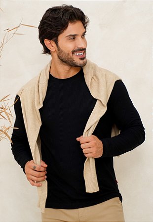 Blusa Manga Longa Canelada Preta