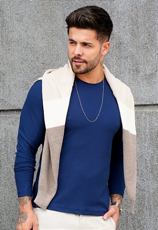 Blusa Manga Longa Canelada Azul Marinho