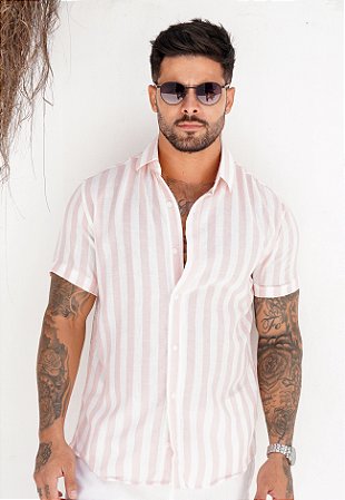 Camisa Linho Listrada Rosa Bebê