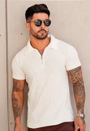 Camiseta Polo Tricot Zíper Off White
