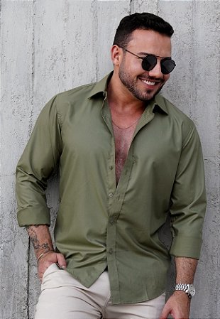 Camisa Social Acetinada Verde C/ Elastano Musgo