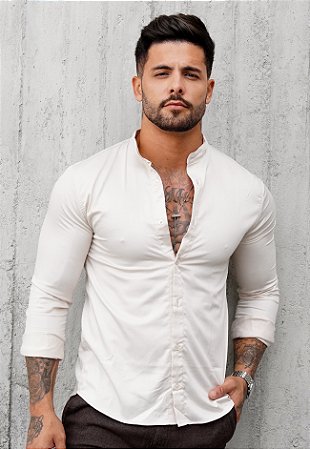 Camisa Social Gola Padre Acetinada Bege