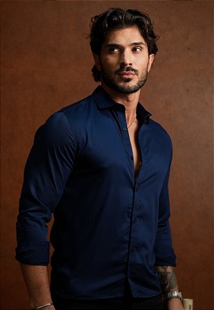 Camisa Social Acetinada Azul Marinho