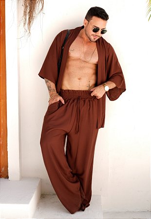 Conjunto Kimono + Calça Marrom Café