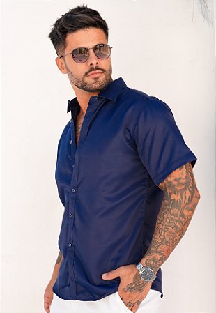 Camisa Social Acetinada C/ Elastano Azul Marinho
