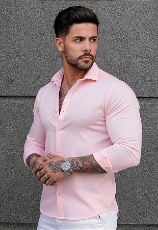 Camisa Social Acetinada C/ Elastano Rosa Bebê