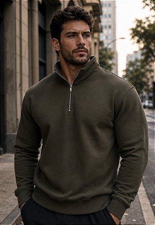 Blusa Moletom Gola Zíper Verde Musgo