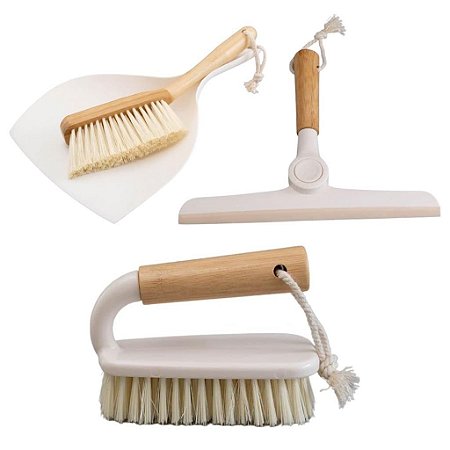 Kit de Limpeza Mini Vassoura Pá Escova Rodo de Pia e Cabo Bambu