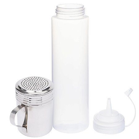 Kit 1 Bisnaga para Molho 1 Litro Grande Flexivel e 1 Polvilhador Dispenser com Alça em Inox