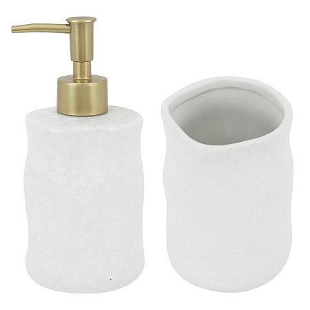 Porta Sabonete Liquido e Porta Escovas em Cerâmica Branco