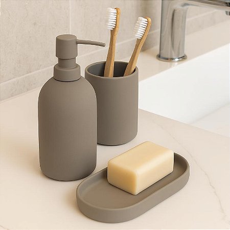 Kit 3 Peças de Banheiro em Cerâmica Cinza