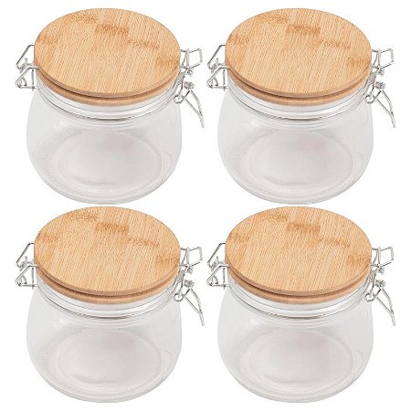 Kit 4 Pote de Vidro 450ml Tampa de Bambu Trava Hermética – Porta Mantimentos, Café, Açúcar, Temperos