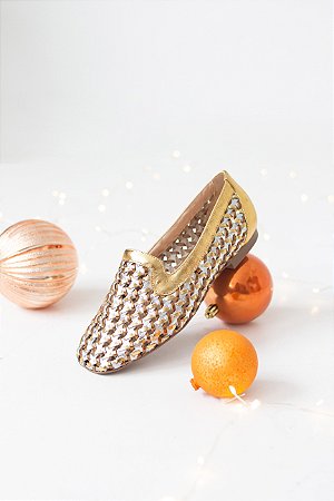MOCASSIM LECOLLINE DOURADO E PRATA TRANÇADO