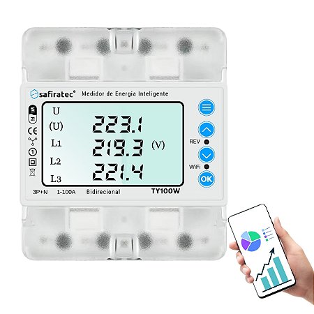 Medidor Energia Wifi Trifásico 100a Safiratec Ty100w Aplicativo Smart Relógio Luz