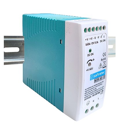 Safiratec MDR-60-12 Fonte Chaveada 60W 12V 5A 100-240VAC para Trilho Din